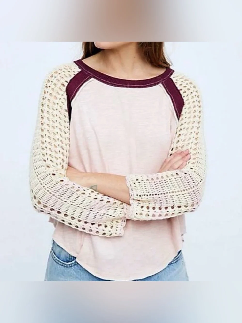 Free People Finders Keepers Rose Pink Cream Crochet Raglan Sleeve Boho Top S